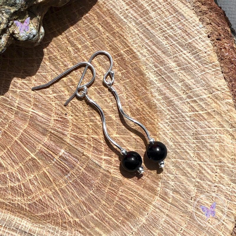 Black Agate Silver Twist Earrings